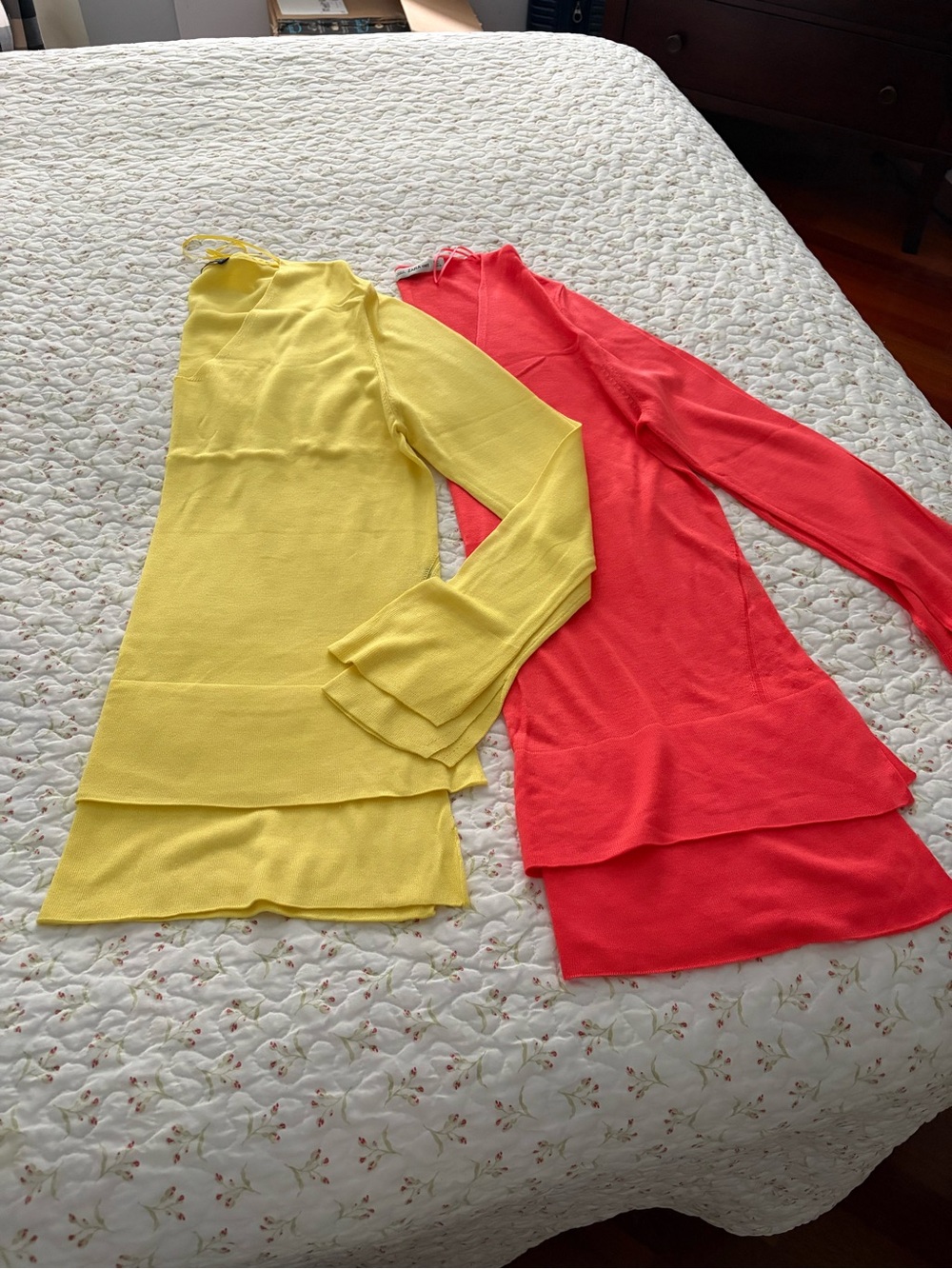 Zara Yellow and Coral Layered Knit Long-Sleeve Tops